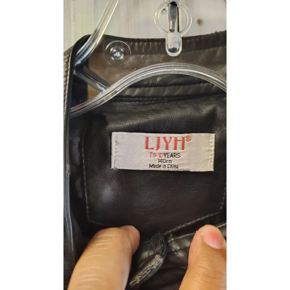 LJYH Kids Boys Faux Leather Moto Biker Jacket Black Size 9-10 Years Full Zip